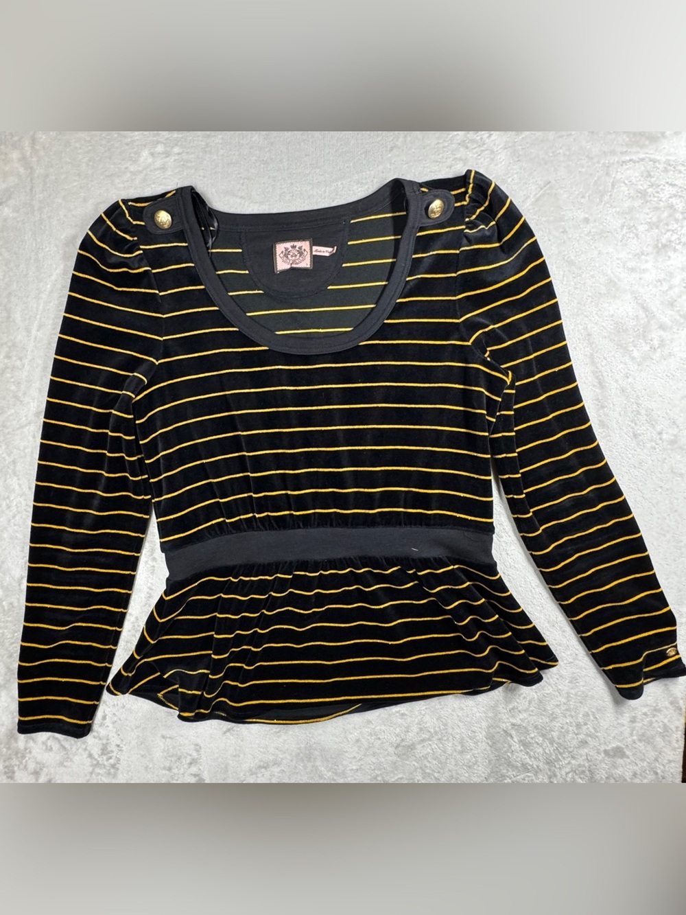 Juicy Couture Black Yellow Gold Metallic Velour Striped Peplum Top Size Large